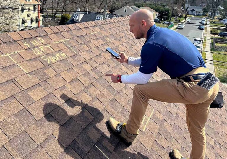 A man standing on a roof with a cell phone.