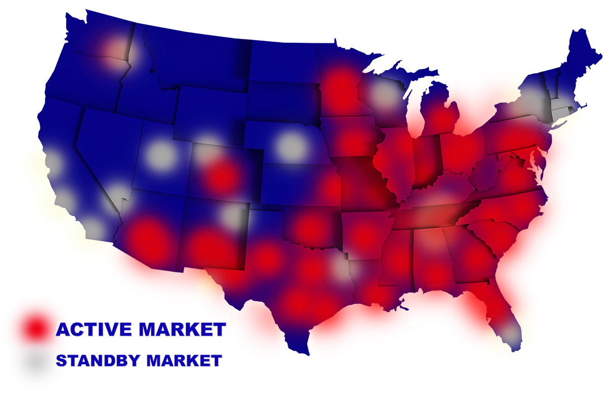 A map of the United States with red and blue dots indicating active and standby markets.